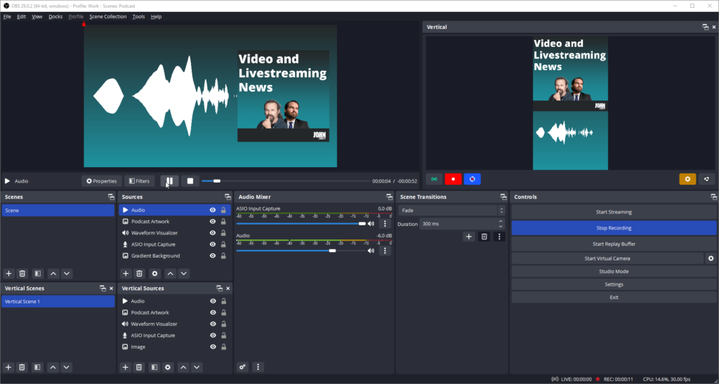 OBS Studio with vertical and horizontal scenes set up together with some podcast artwork for the Video and Livestreaming Show, a waveform, and branding elements set up.