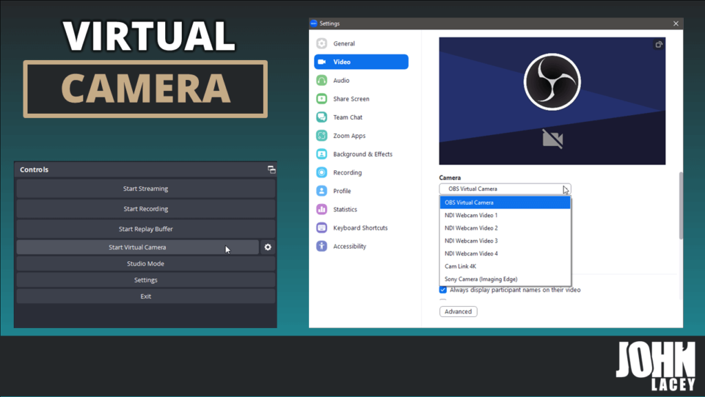 The OBS Studio Controls dock with 'Start Virtual Camera'​ button pressed. The Zoom settings dialog box with the camera 'OBS Virtual Camera'​ selected from the drop down list.