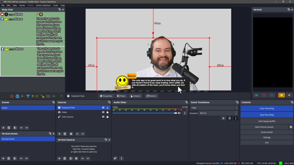OBS Studio with the Social Stream Ninja Dock on the left hand side of the screen. The featured chat browser source is on the screen and a dummy comment for testing purposes is displayed in front of John. 