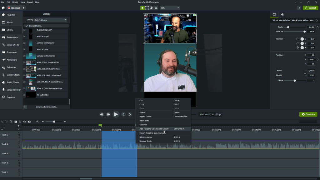 Techsmith Camtasia video editing software with a region select from the timeline and a contextual menu showing the "Add Timeline Selection to Library" feature highlighted. You can see other resources already in the library (such as logos, backgrounds and on screen elements). 