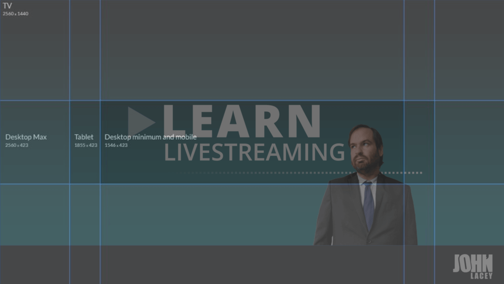 Learn Livestreaming Channel Banner artwork with guides superimposed to indicate what parts of the image are visible to users on different devices. 